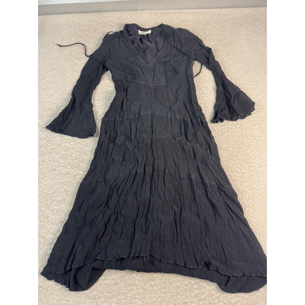 Anthropologie Dress Womens 2 Black Maxi Crinkle V Neck Bell Sleeve Lined Tiered